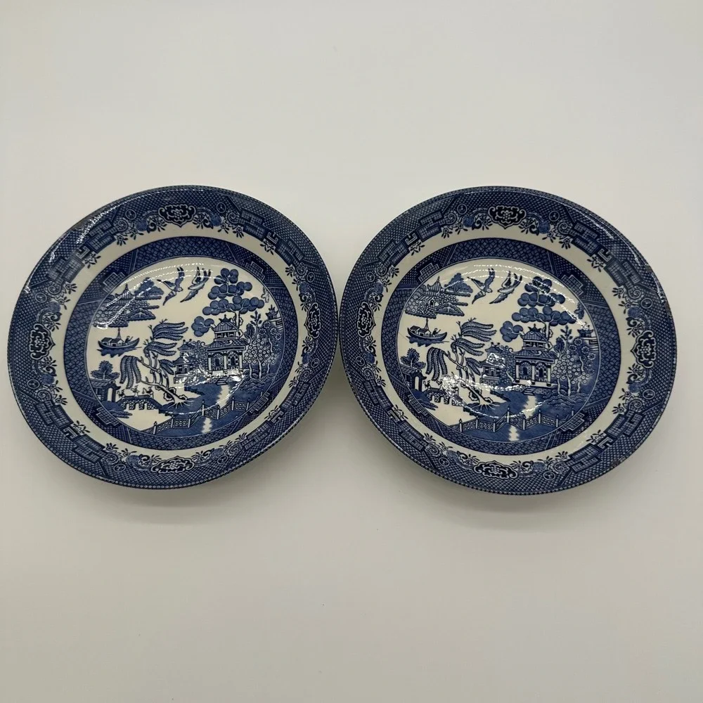 Churchill England Blue Willow Cereal Soup Bowls Set of 2 Blue White 7.5 Inch
